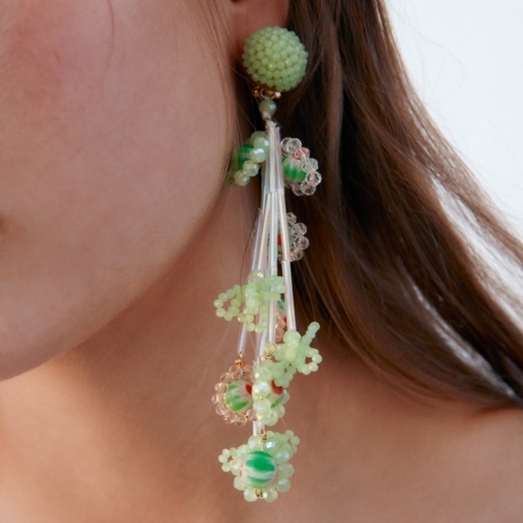ZARA Beaded Long Drop Earrings Green BNWT - Picture 2 of 5